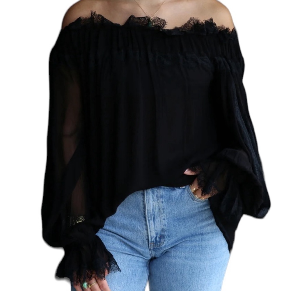 Mechora Black Off the Shoulder Lace Insert "Stella" Blouse S NEW